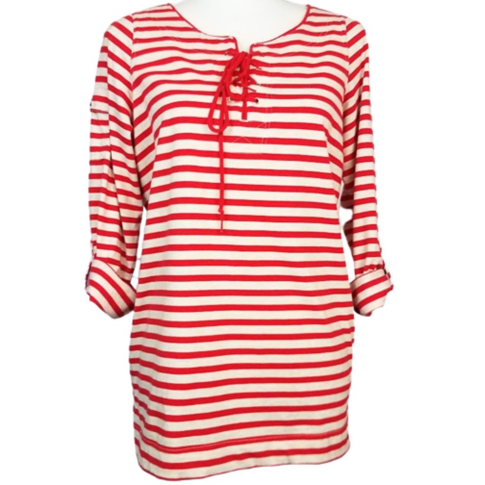 CORAL BAY Coral Red Striped Lace-Up Coastal Blouse - Women's S